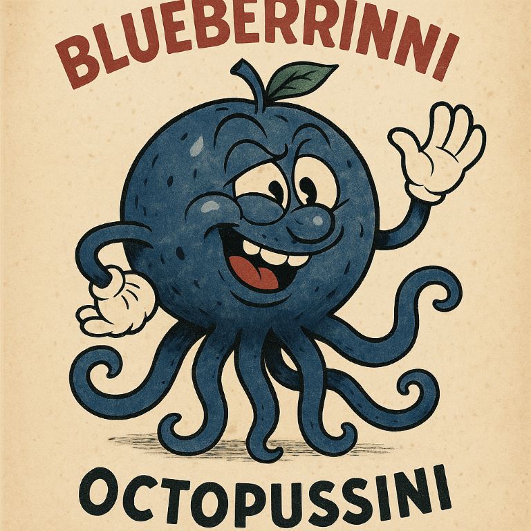 Blueberrinni Octopussini swimming among coral reefs with blueberry head