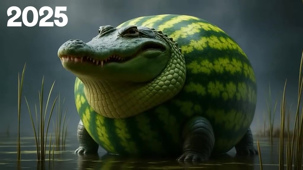 Glorbo Fruttodrillo in water showing its watermelon body and alligator head