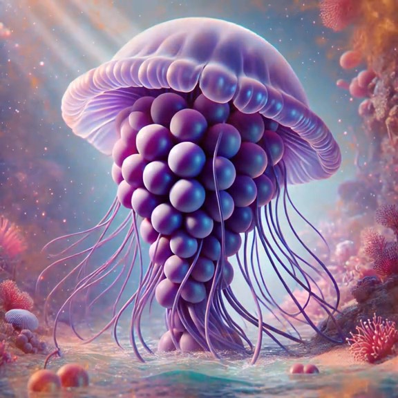 Graipussi Medussi floating in the ocean with glowing grape cluster body and sticky tentacles