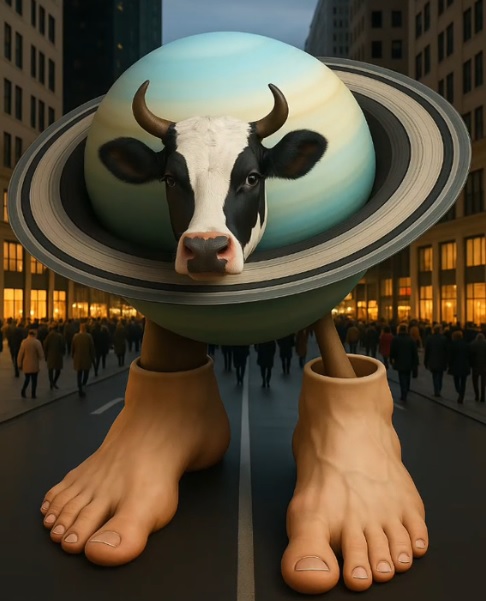 La Vaca Saturno Saturnita with Saturn's rings and cosmic background